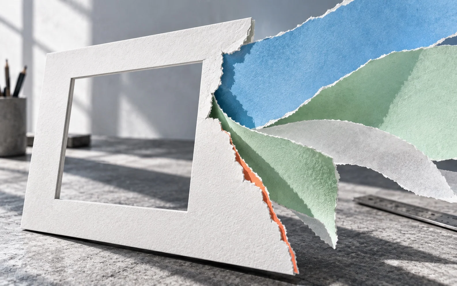 Un cadre de diapositive blanc se déchire et libère de larges papiers découpés bleu et vert.