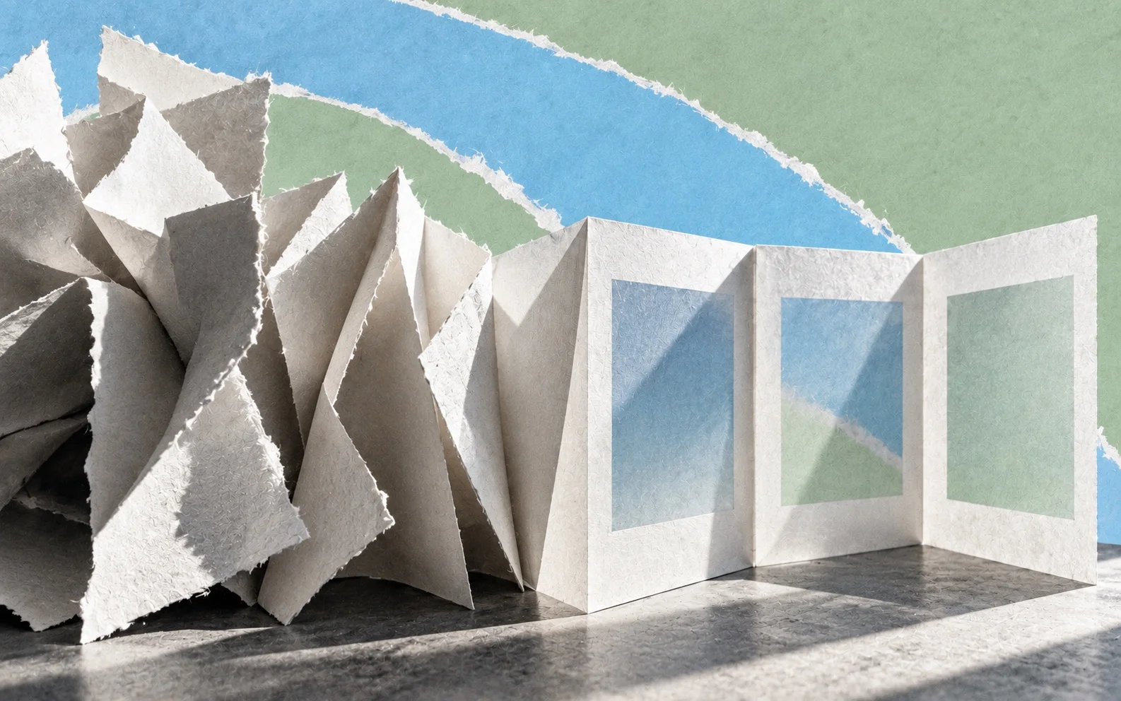 Une sculpture de papier passe de feuilles irrégulières à une suite de diapositives nettes, sur un collage bleu et vert.