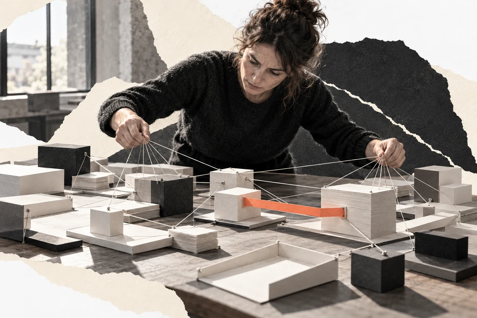 Collage photographique : penchée sur une table, une personne retient à deux mains des fils tendus qui relient des blocs de papier découpé ; un ruban corail relie deux blocs sans que personne ne le tienne.