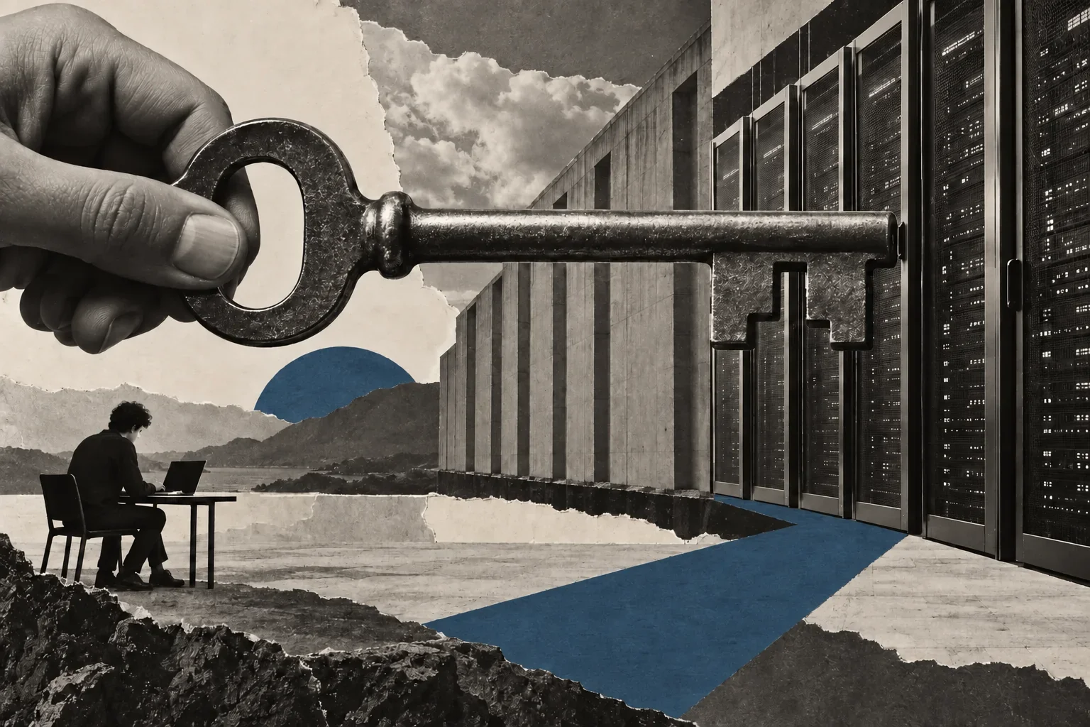 Collage éditorial sur GitHub, le code et les infrastructures de l’intelligence artificielle.